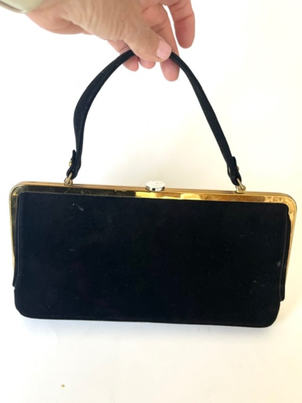 Vintage Black Suede Handbag with Glass Diamond shape closure - Picture 4 of 7
